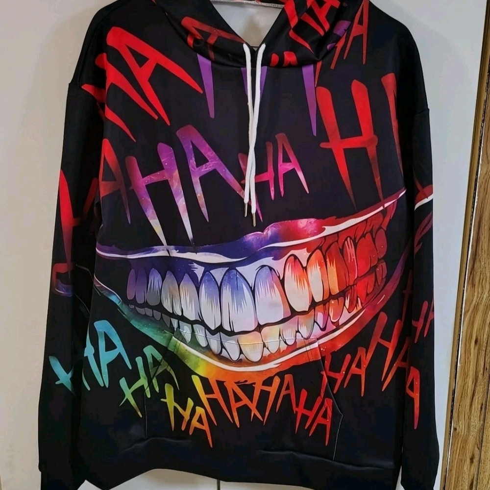 Joker Inspired Hoodie Men's 2XL HAHA Print Smile Graphic Pullover Runs Smaller